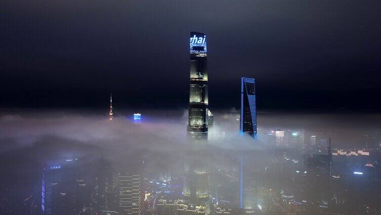 上海航拍夜景航拍中国上海平流雾