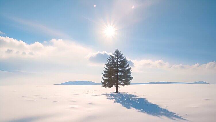 冬天冰雪天气的一颗孤独的松树