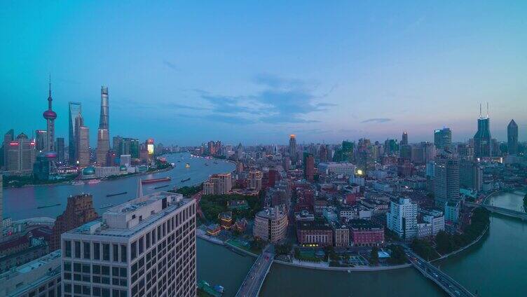 8K上海俯瞰陆家嘴苏州河天际线延时日转夜