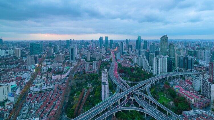 4K 上海延安高架城市天际线 延时日落