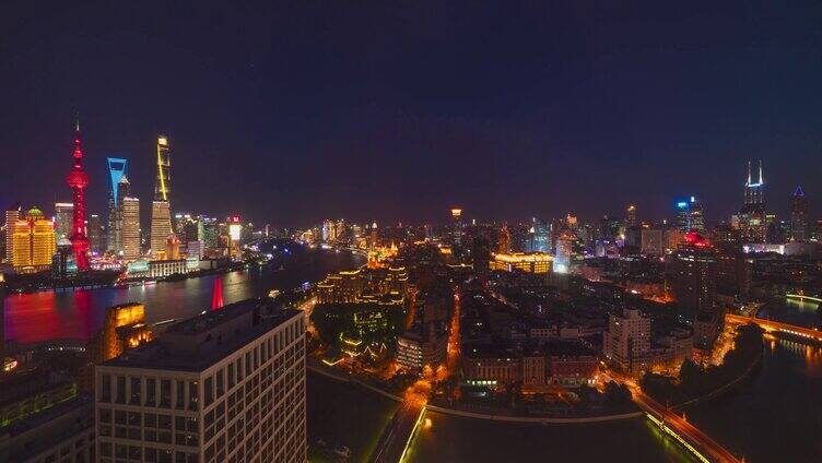 8K上海俯瞰陆家嘴苏州河天际线延时日转夜