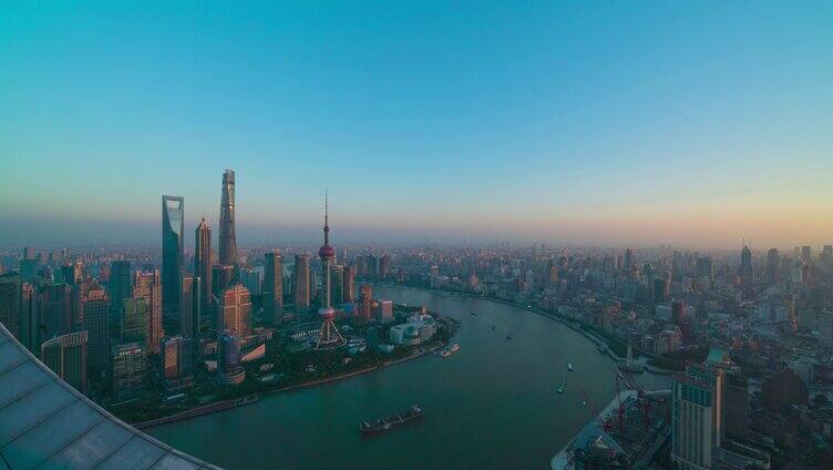 4K 上海俯瞰陆家嘴外滩天际线延时日落