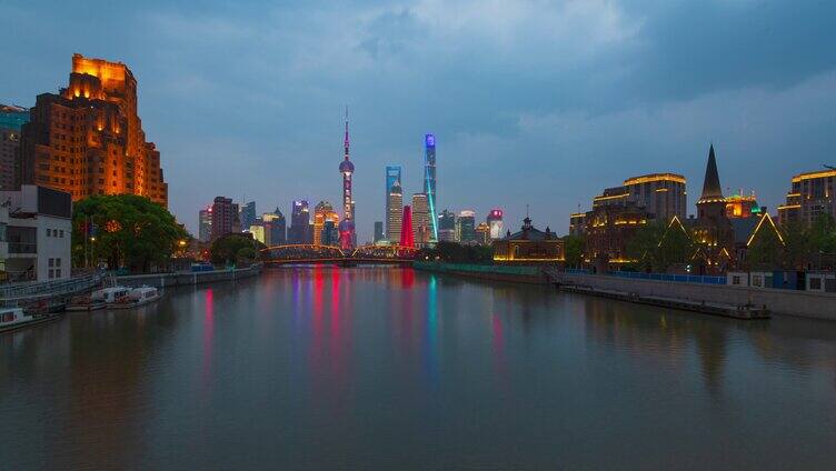 4K 上海陆家嘴苏州河外白渡桥延时日转夜