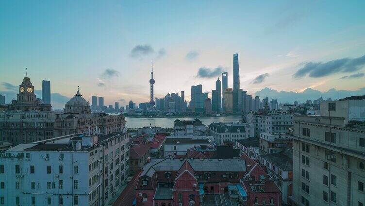 4K上海俯瞰陆家嘴外滩钟楼 延时日出