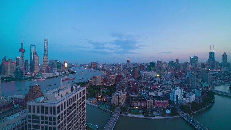 4K上海俯瞰陆家嘴苏州河天际线延时日转夜