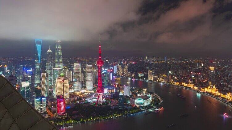 4K 上海俯瞰陆家嘴外滩天际线延时 夜景