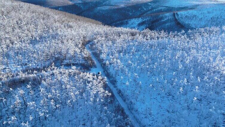 航拍大兴安岭冬季雪色山林晨曦