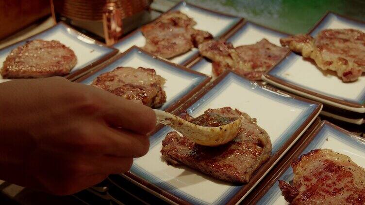 自助餐厅熟食烤肉生蚝烤串食物特写「组镜」