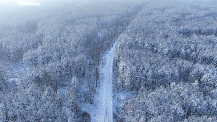 航拍林海雪原雪林和山路