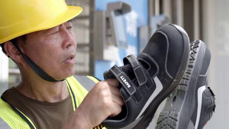 工地工人检查劳保鞋是否安全
