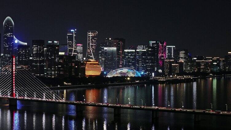 航拍杭州西兴大桥夜景