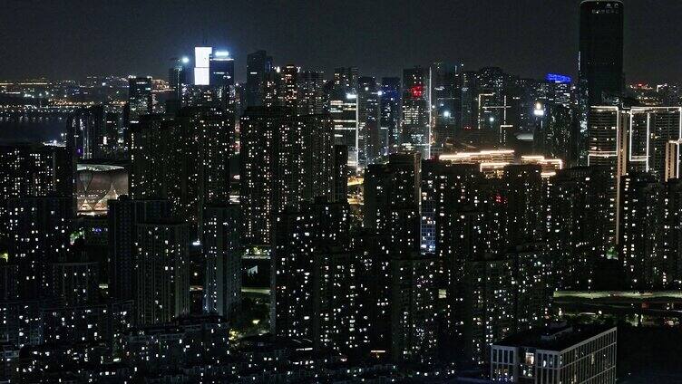 航拍杭州滨江区高楼夜景