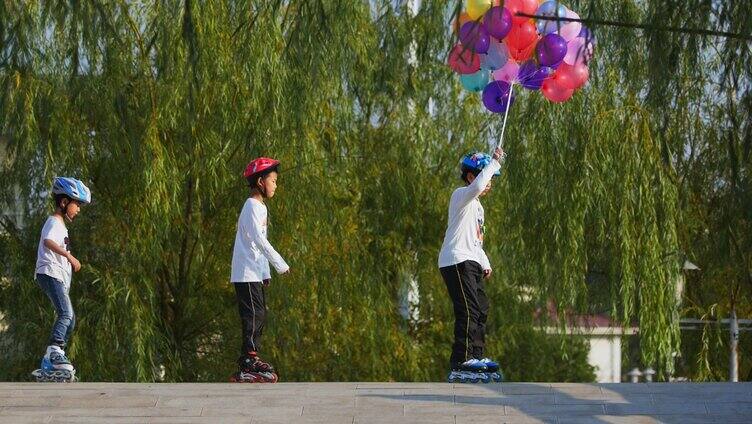 公园里孩子在一起玩耍放气球 儿童「组镜」
