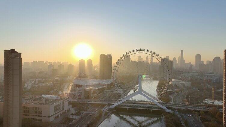 天津地标建筑天津之眼清晨日出航拍