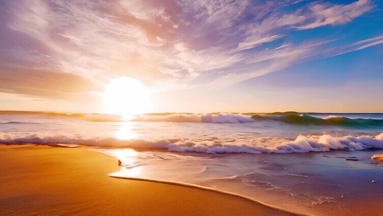 日出海岸线海浪拍打沙滩「单镜」