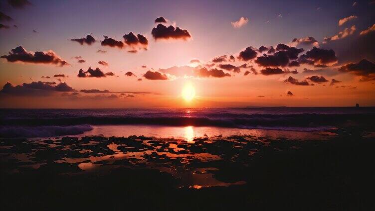唯美落日夕阳沙滩海岸「单镜」