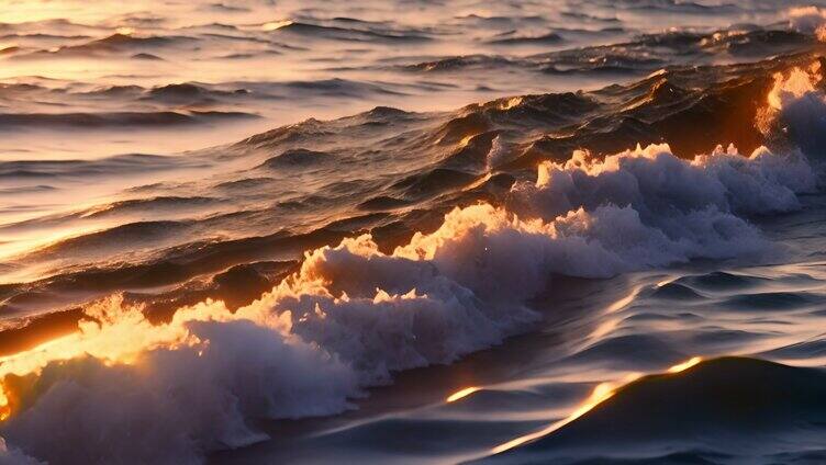 夕阳金色海浪拍打岸边「单镜」