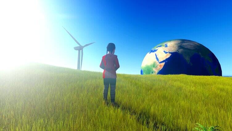 小女孩美丽地球低碳环保动画