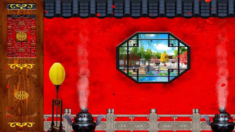 中国风古典漏窗红墙木门-白天