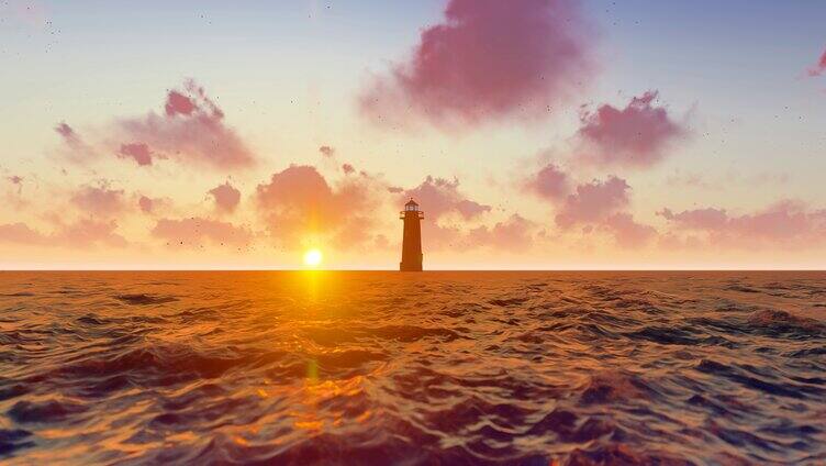 清晨大海日出和远处的灯塔