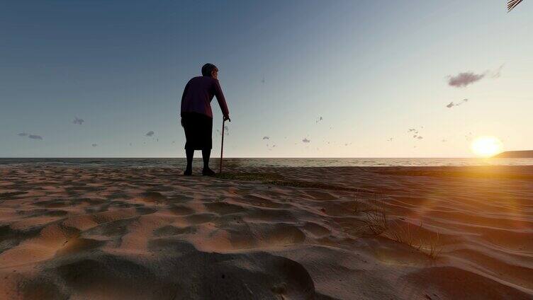 夕阳下在海边孤独等待的拄拐杖老人背影