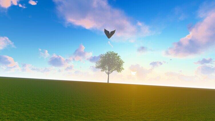 纸飞机迎着日出在田野草地自由翱翔追逐梦想