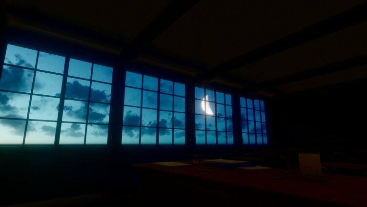 教室窗外月亮升起延时