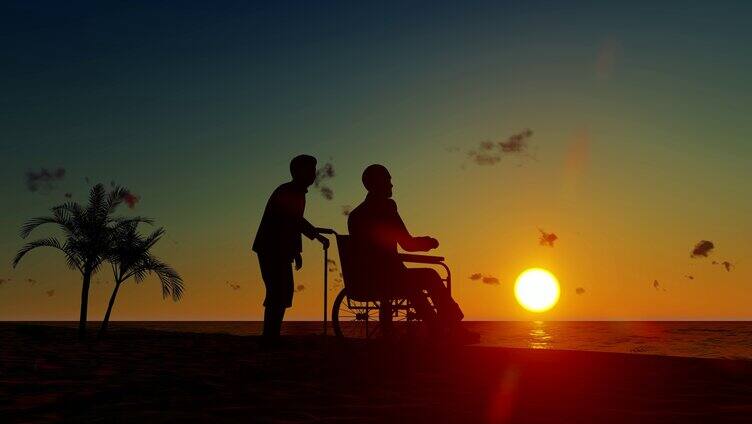 夕阳下老年夫妇海边看海剪影