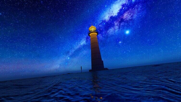 夜晚星空下的海上灯塔