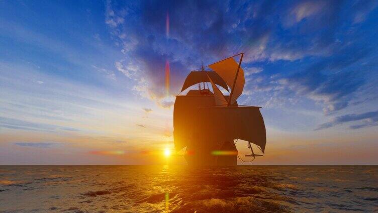 一只帆船在夕阳下孤独前行