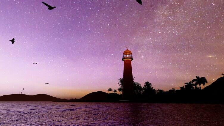 黄昏海滩边夕阳照耀下的灯塔延时