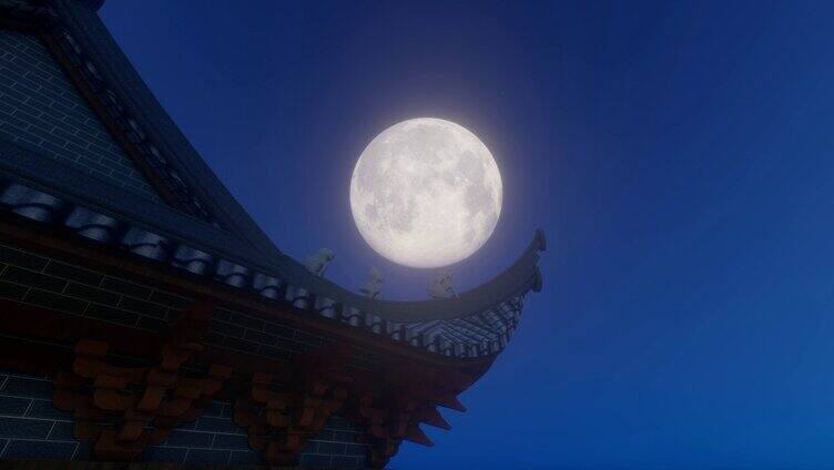 中秋节夜晚月亮升过建筑屋顶延时