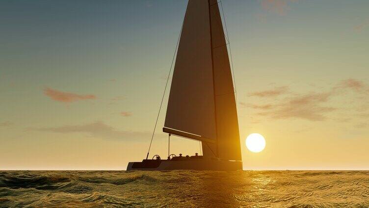 夕阳下的帆船启航