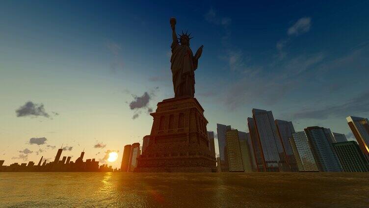 夕阳照耀下的美国纽约自由女神像雕塑延时