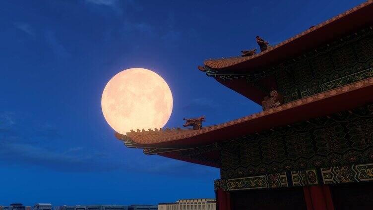 故宫楼角夜晚月亮升起
