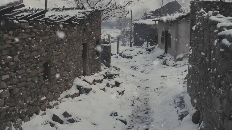 农村土坯房 农村房屋 雪景小巷鸡毛换糖