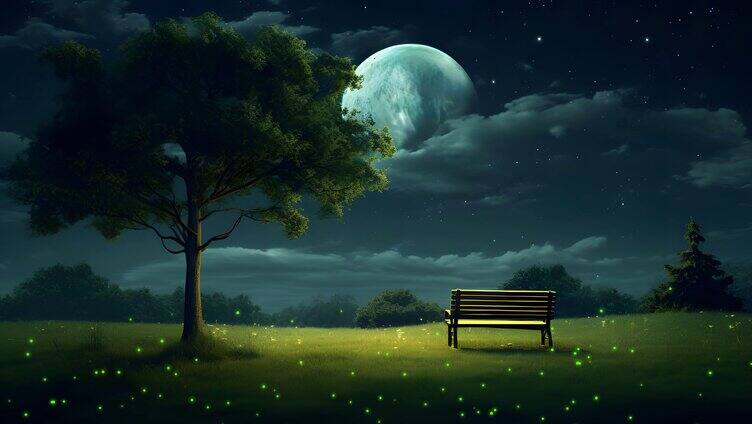月亮草坪上的长椅子