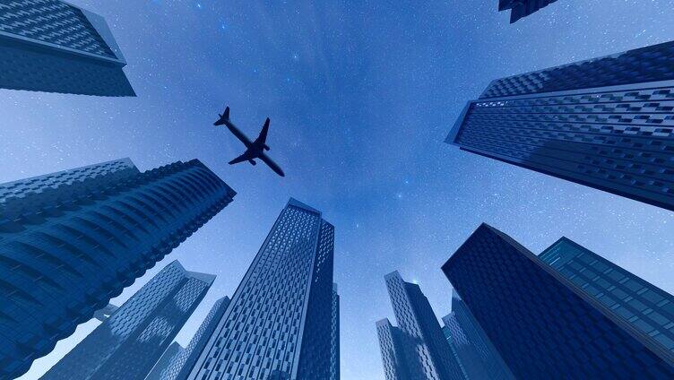 飞机飞过高端商务大厦写字楼顶