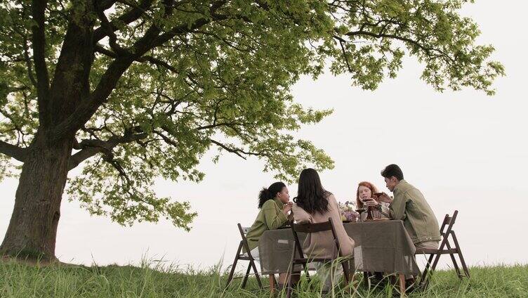 4个人在草地上野餐交流