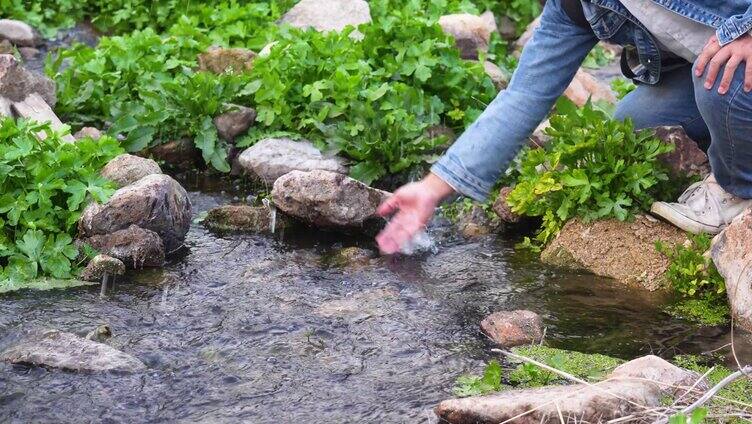 触摸泉水河水，春天戏水