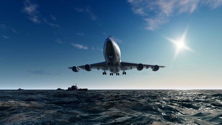 飞机低空飞过海平面