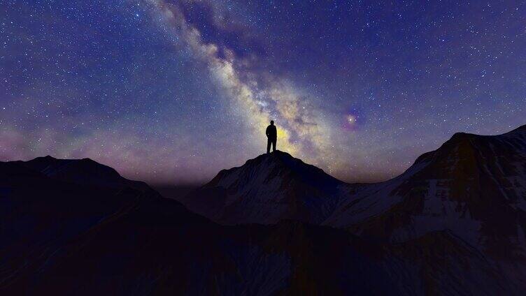 晚上站在雪山顶仰望星空思考的人物剪影