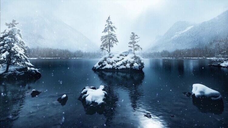 湖边下雪场景