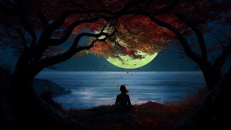 月光下的树和人