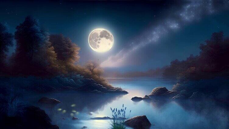 月光下的河流树