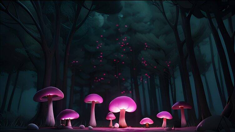 夜晚森林里面的梦幻发光蘑菇