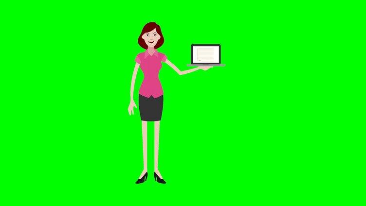 女士举电脑绿幕动画
