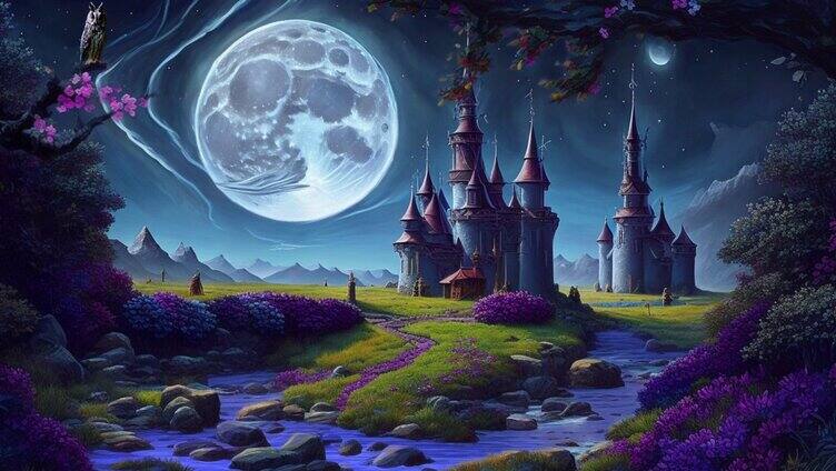 童话城堡夜晚 月亮