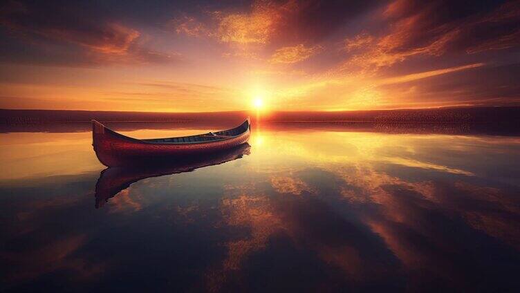 夕阳下的湖中小船