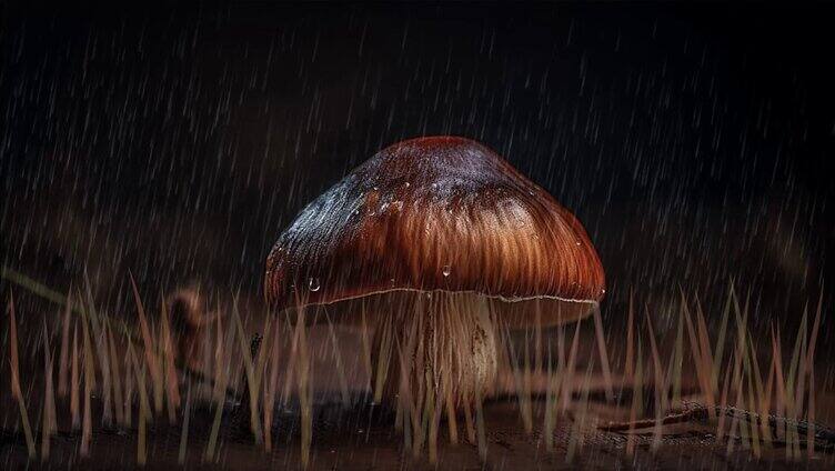 真实雨中的蘑菇
